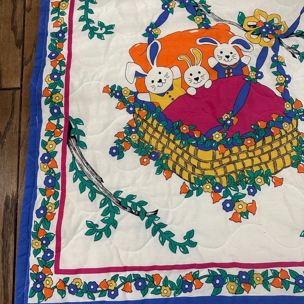 Vintage 80s 90s Baby Quilt 3 Bunnies in a Basket 31x41” Stains See Pictures